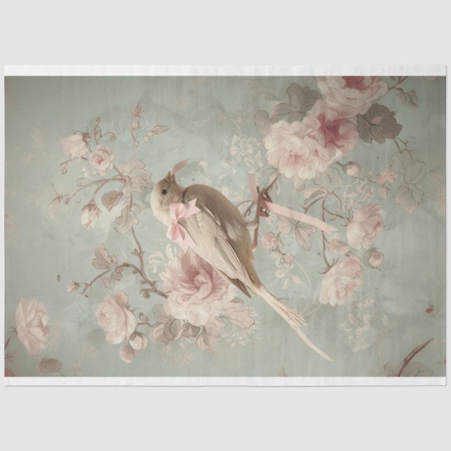 Papier Mousseline Oiseaux & Fleurs, Pastels Douces, Art Romantique (Recto)
