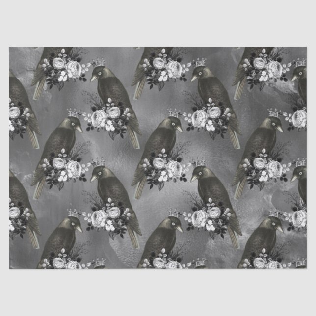 Papier Mousseline Oiseaux noirs couronnés et fleurs blanches sur gri (Recto)