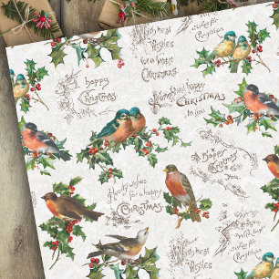 Papier Mousseline Oiseaux vintages, salutations de Noël et Holly