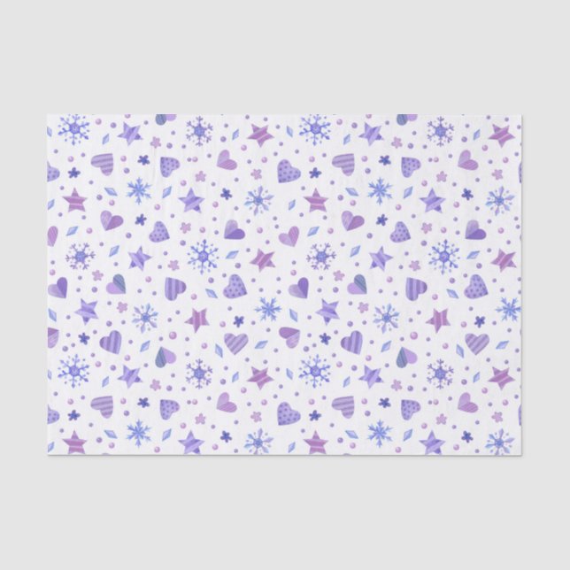 PAPIER MOUSSELINE OMBRES DES ÉTOILES PURPLES COEURS FLAKES DE NEIGE (Recto)