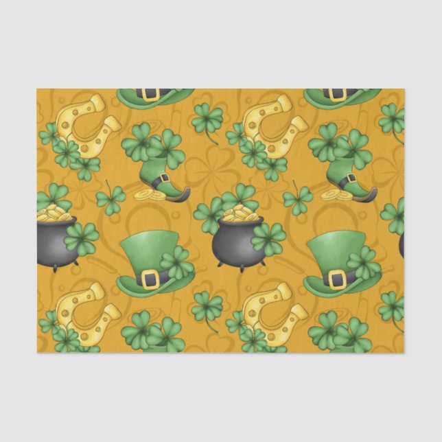 PAPIER MOUSSELINE OR AVEC VERT SHAMROCK HORSESHOS POT D'OR (Recto)