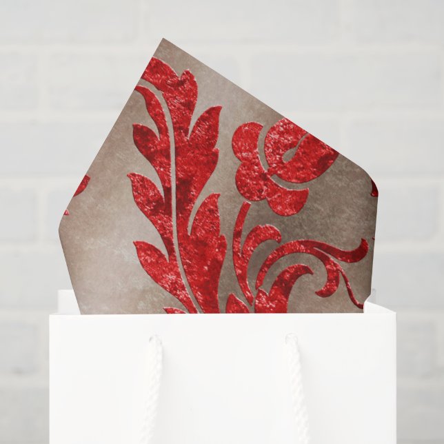 Papier Mousseline Or élégant velours faux damassé rouge (Sac cadeau)