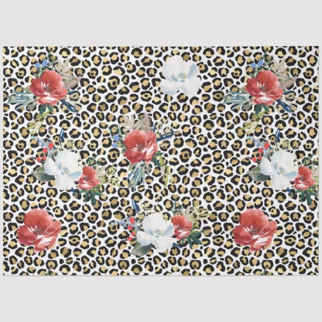 Papier Mousseline Or Empreinte de léopard Rouge Blanc Floral (Recto)