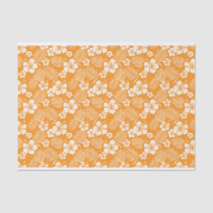 PAPIER MOUSSELINE ORANGE AVEC FLEURS HIBISQUES BLANCHES TROPICALES