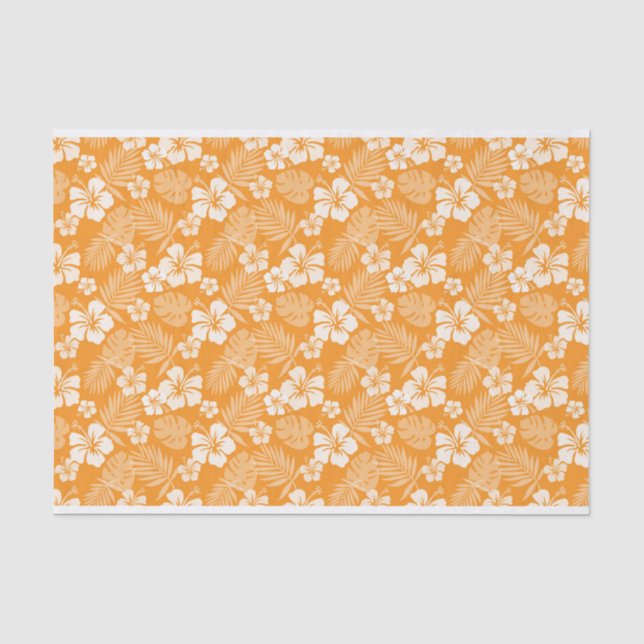 PAPIER MOUSSELINE ORANGE AVEC FLEURS HIBISQUES BLANCHES TROPICALES (Recto)