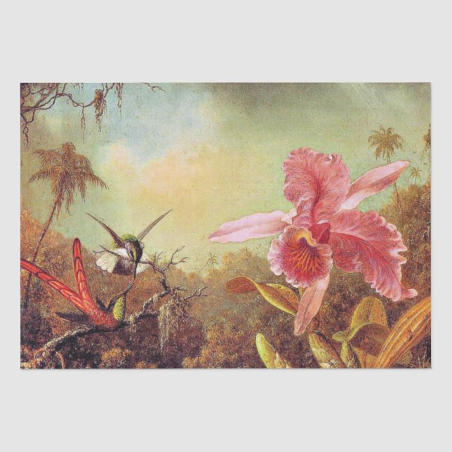 Papier Mousseline Orchidée avec deux colibris, peinture d'art (Recto)