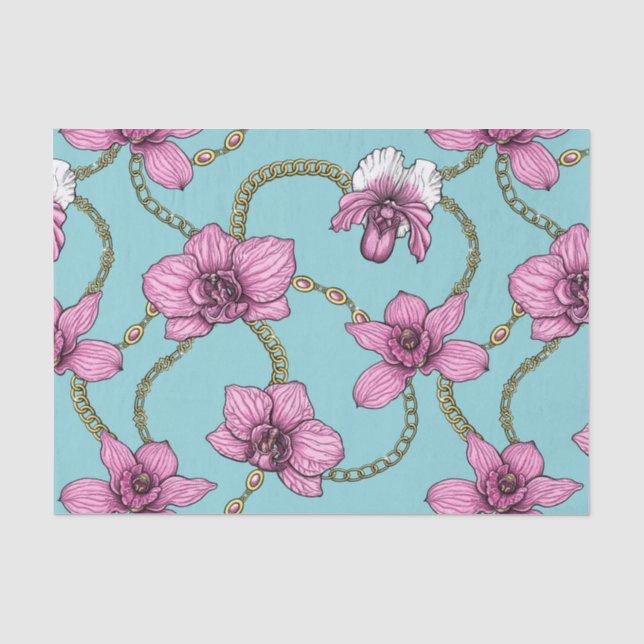 Papier Mousseline Orchidées et chaînes, roses et bleues (Recto)