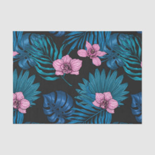 Papier Mousseline Orchidées et feuilles de palmiers, rose et bleu su