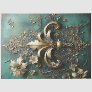 Papier Mousseline Ornement baroque d'or lourd vert émeraude vintage