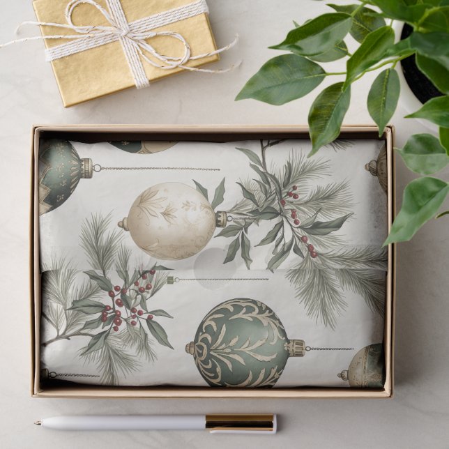 Papier Mousseline Ornements de Noël Sage Green et Gold (Cadeau)