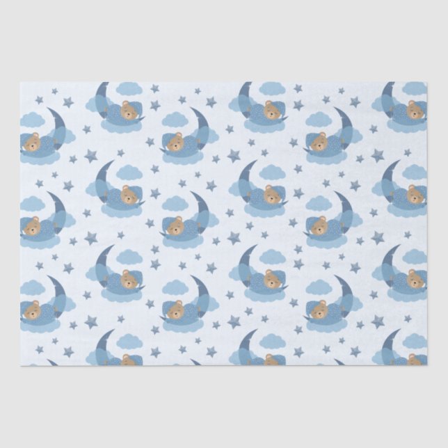 Papier Mousseline Ours Bébé Couché Bleu Sur Lune Nuages & Étoiles (Recto)