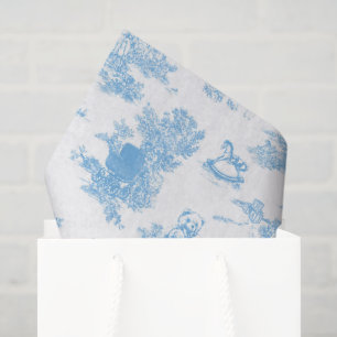 Papier Mousseline Ourson Toile de Jouy Bleu Blanc Baby Shower