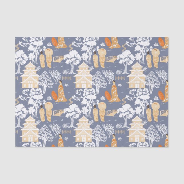 Papier Mousseline Pagode de la Chinoiserie Bleue (Recto)