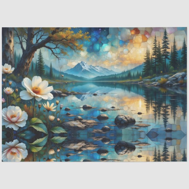 Papier Mousseline Pale Flowers grow along blue river, Mountains (Recto)