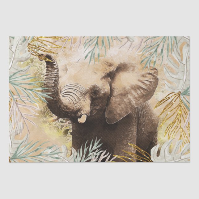 Papier Mousseline Palme tropicale Eléphant Gold (Recto)