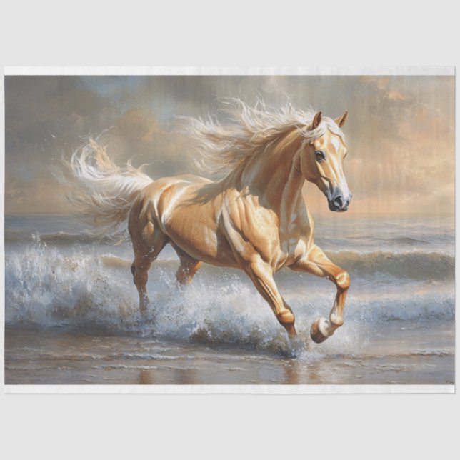 Papier Mousseline Palomino Horse Running on the Beach Decoupage (Recto)