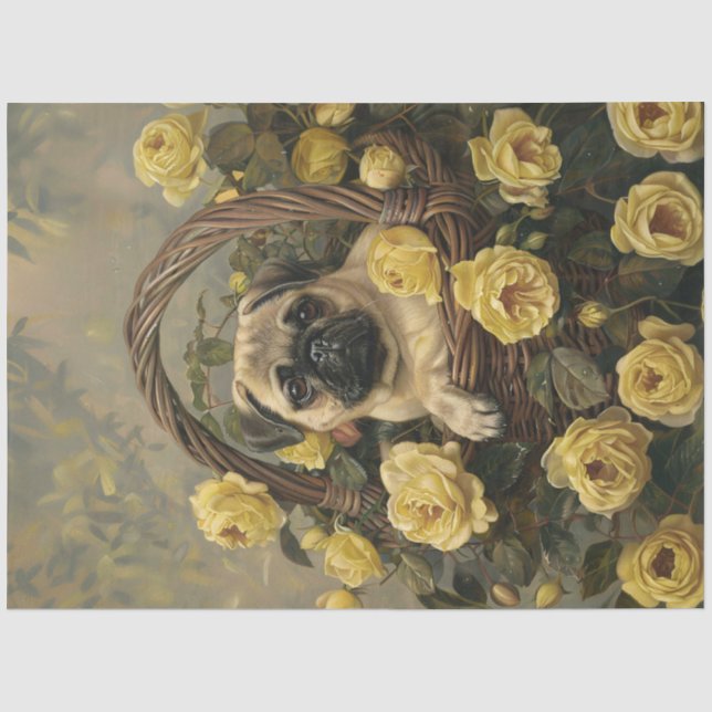 Papier Mousseline Panier de carlin de roses jaunes Découpage (Recto)