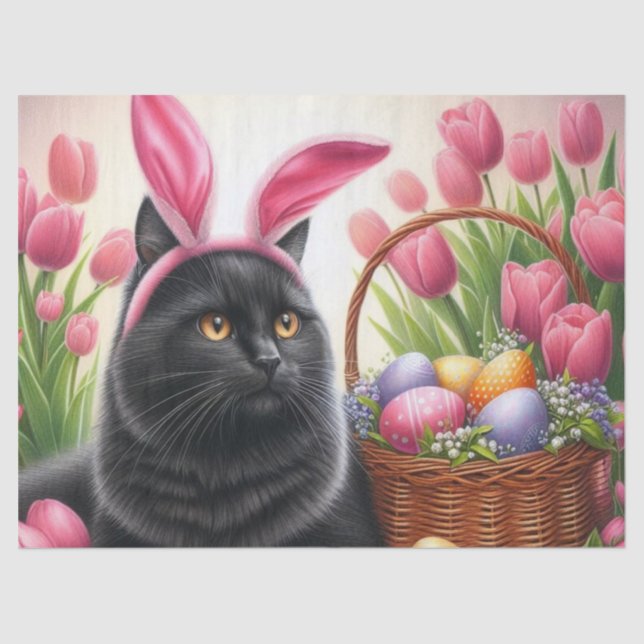 Papier Mousseline Panier de Pâques OEufs peints Chat noir (Recto)