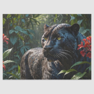 Papier Mousseline Panthère noire - Jaguar dans la Jungle Fleurs roug