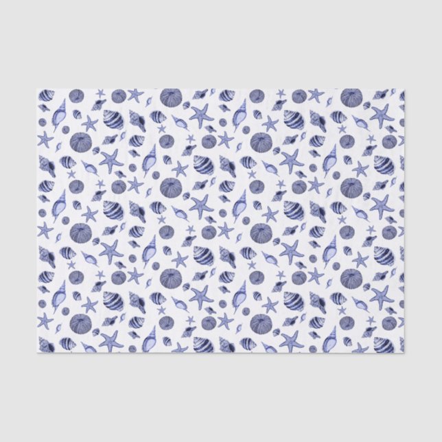 Papier Mousseline Papier de tissu de coquillages bleu et blanc (Recto)