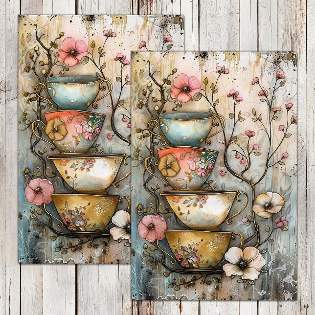 PAPIER MOUSSELINE PAPIER DE TISSU DE DÉCOUPAGE DE TASSE DE THÉ EMPIL (STACKED TEA CUPS DECOUPAGE TISSUE PAPER)