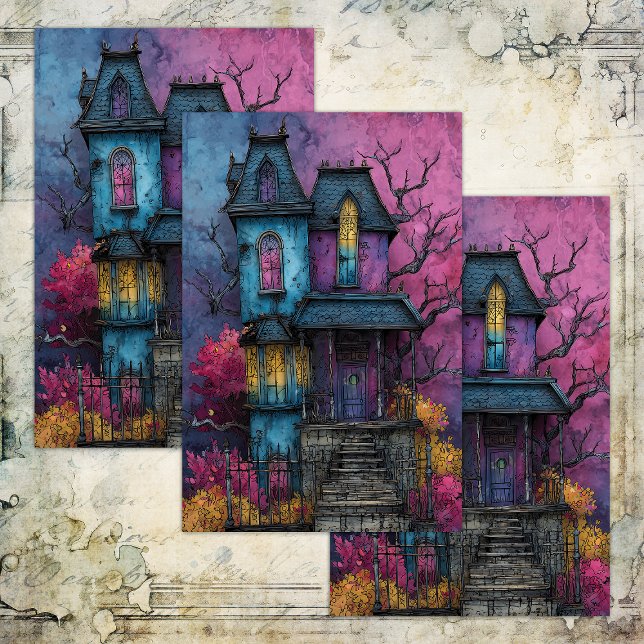 PAPIER MOUSSELINE PAPIER DE TISSU DE LA MAISON HAUNÉE VIBRANT (VIBRANT HAUNTED HOUSE DECOUPAGE TISSUE PAPER)