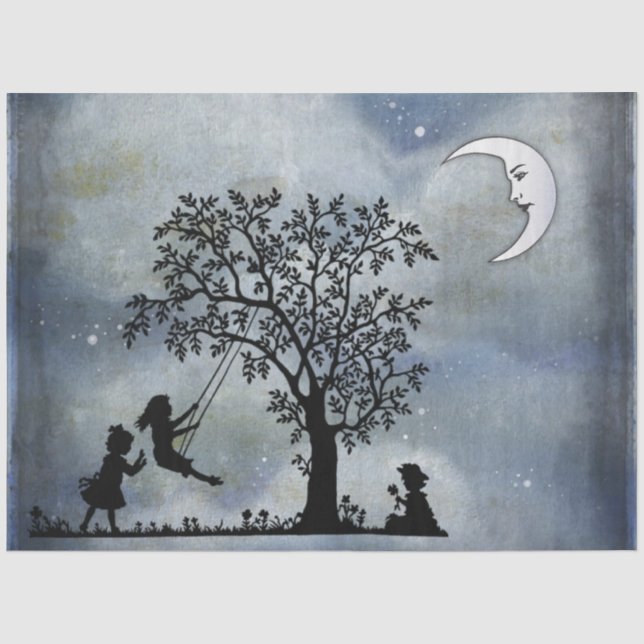 Papier Mousseline Papier de tissus avec lune et enfants jouant (Recto)
