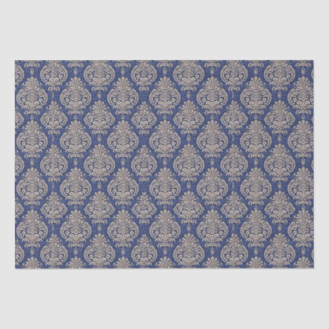 Papier Mousseline Papier de tissus Damas bleu et or (Recto)