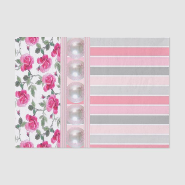 Papier Mousseline Papier de tissus rayures florales roses (Recto)