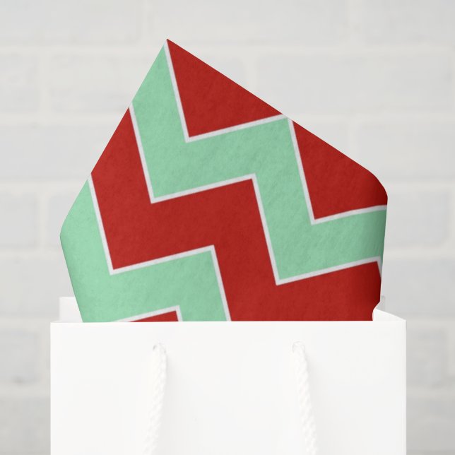Papier Mousseline Papier de tissus Zigzag vert rouge et menthe (Sac cadeau)