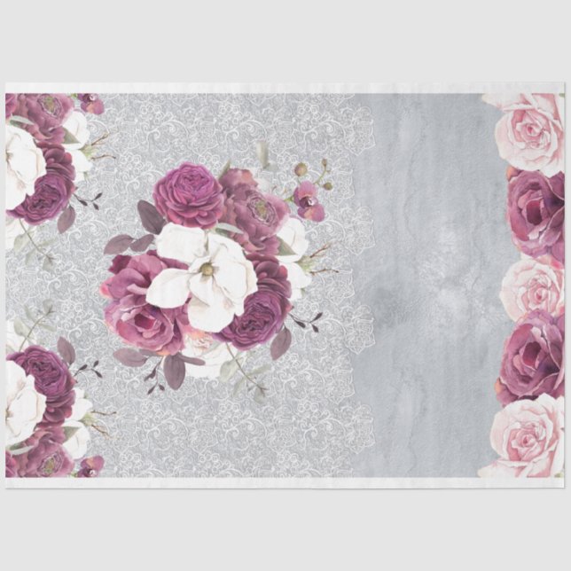 Papier Mousseline Papier en dentelle florale rose et prune (Recto)