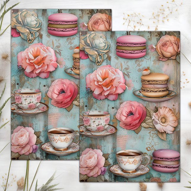 PAPIER MOUSSELINE PAPIER EN TISSU DÉCOUPABLE THÉ ET MACARONS (TEA AND MACARONS DECOUPAGE TISSUE PAPER)