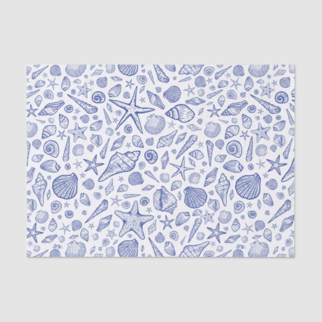 Papier Mousseline Papier Tissu de coquillages illustrés bleu (Recto)