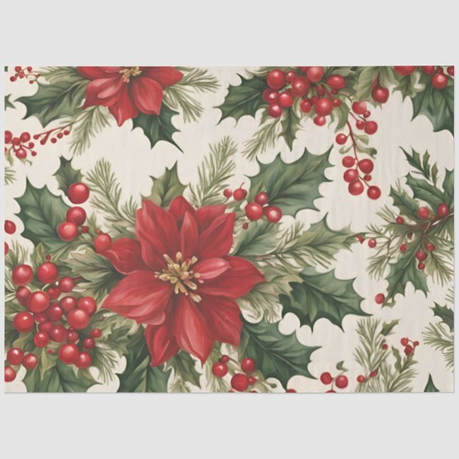 Papier Mousseline Papier Tissu de Noël Holly & Red Berries (Recto)