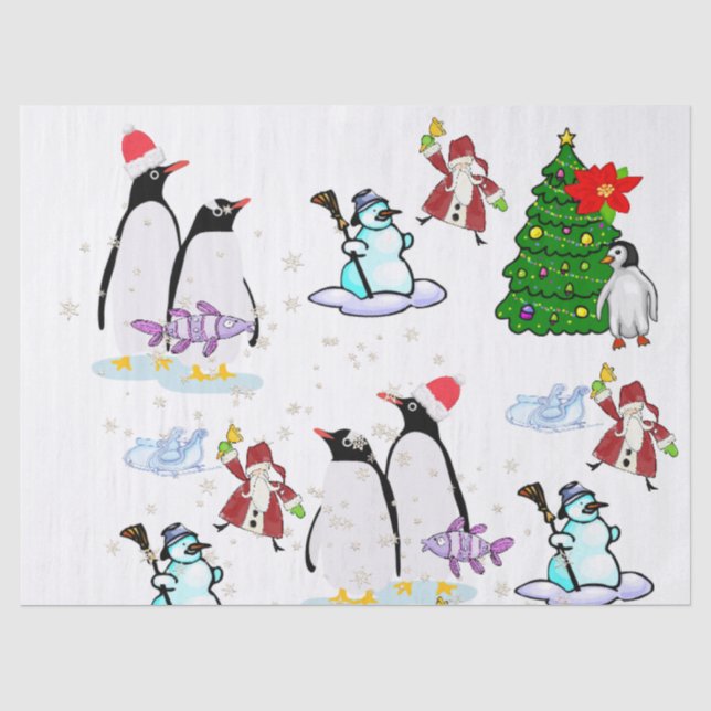 Papier Mousseline Papier Tissu de Noël Pingouin Snowman Poisson (Recto)