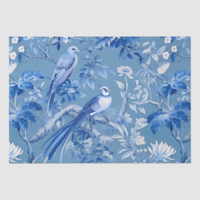 Papier Mousseline Papier Tissu Floral Chinoiserie Bleu (Recto)