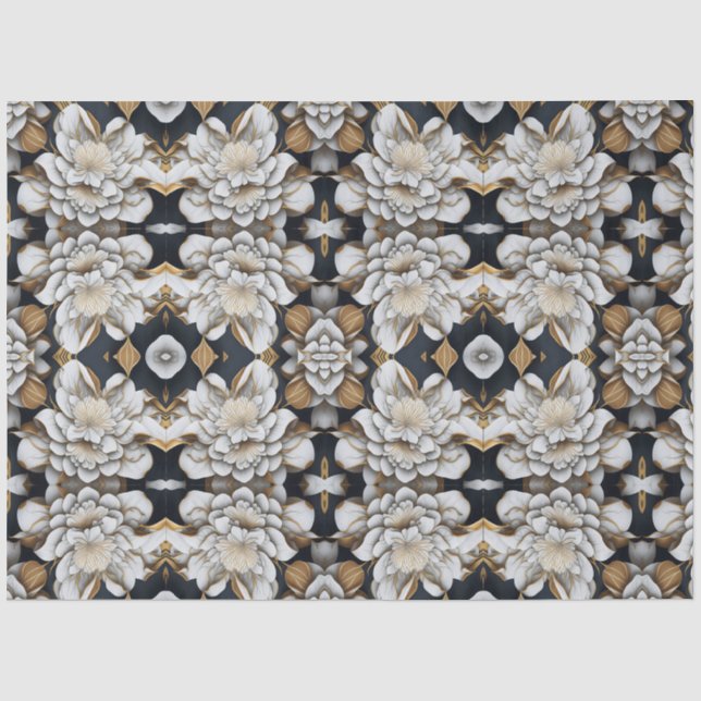 Papier Mousseline Papier Tissu Floral Noir Blanc & Or (Recto)