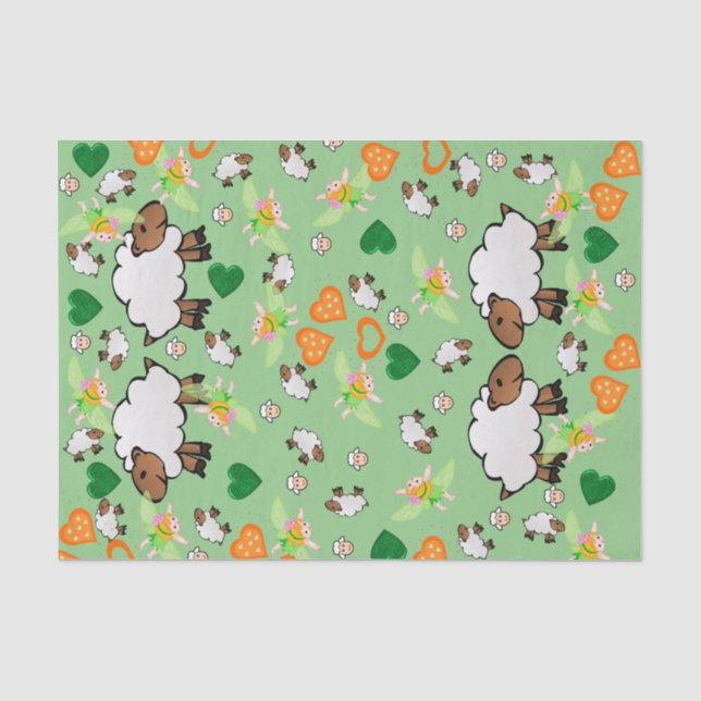 Papier Mousseline Papier Tissu Mouton Orange Coeurs verts Fée (Recto)