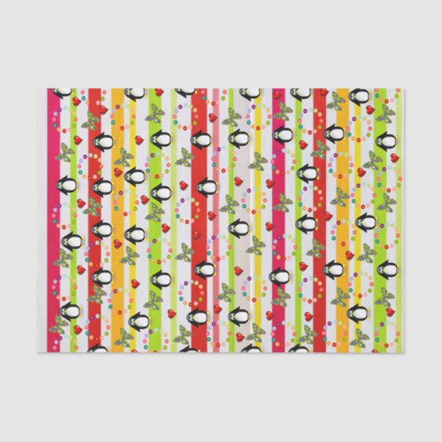 Papier Mousseline Papier Tissu Pingouin Coeurs rouges (Recto)