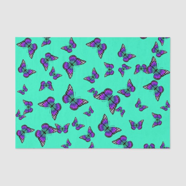 Papier Mousseline Papier Tissu Turquoise Avec Papillons Violets (Recto)