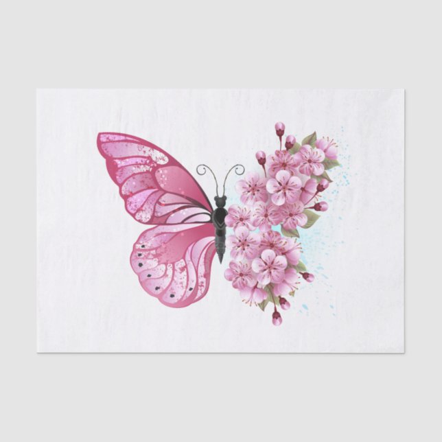 Papier Mousseline Papillon à fleurs avec Sakura rose (Recto)