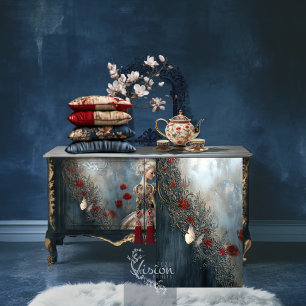 Papier Mousseline Papillon baroque bleu marine rouge patine ornée