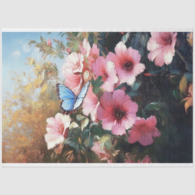 Papier Mousseline Papillon bleu Fleurs roses Peinture Découpage (Recto)