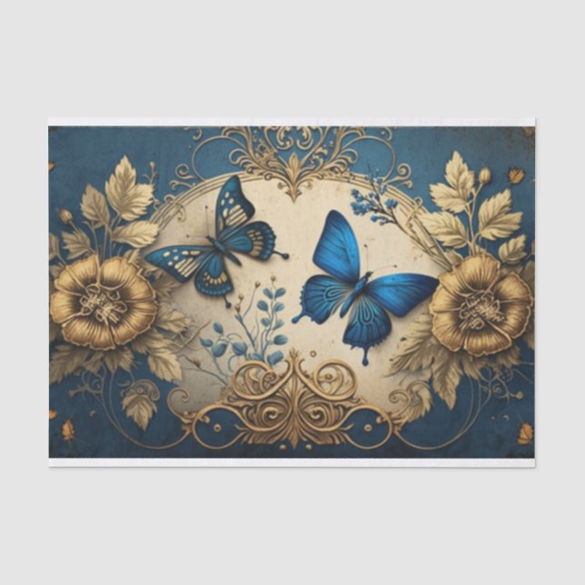 Papier Mousseline Papillon doré or et bleu Decoupage (Recto)