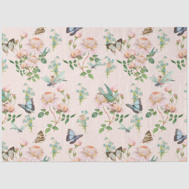 Papier Mousseline Papillon Fée Cachée Blush Rose Floral Dragonfly (Recto)