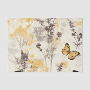 Papier Mousseline Papillon Fleurs Jaunes Noires Éthérées Délicates