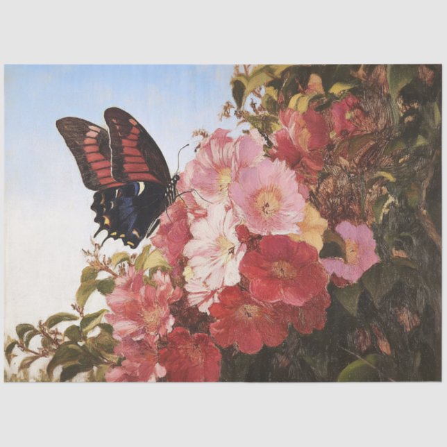 Papier Mousseline Papillon impressionniste et fleurs roses découpage (Recto)