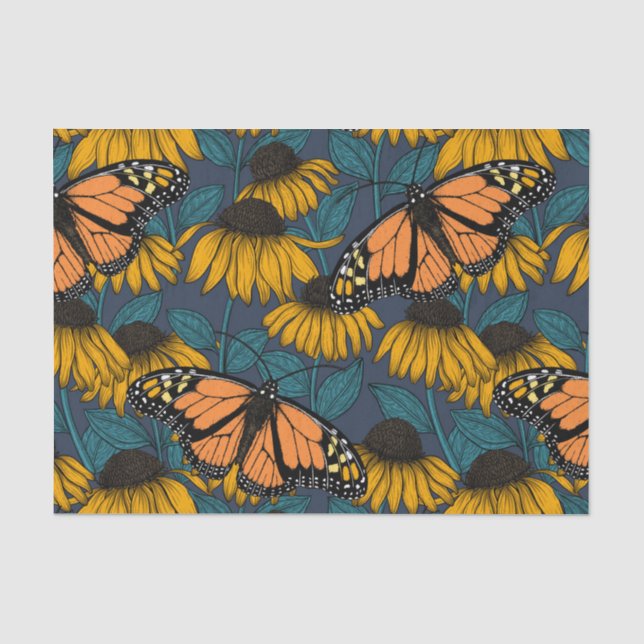 Papier Mousseline Papillon monarque sur confluents jaunes (Recto)