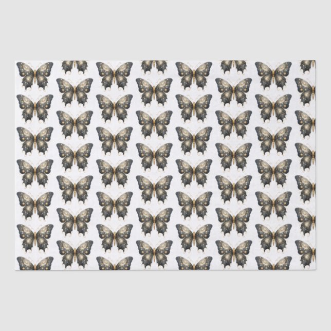 Papier Mousseline Papillon noir et or Motif blanc Halloween (Recto)