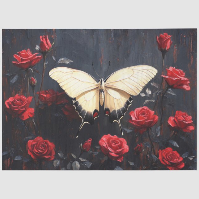 Papier Mousseline Papillon Reposé parmi les Roses rouges vibrantes (Recto)